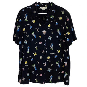 Vintage 80s 90s Eiffel Tower French Print Button Down Black Blouse Plus Size 1X